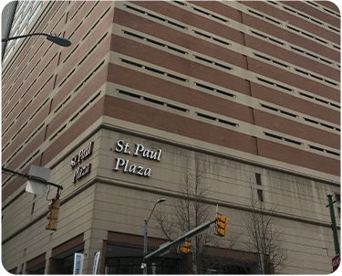 Exterior view of St. Paul Plaza office building in downtown Baltimore, Maryland.